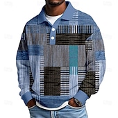 abordables Polo géométrique pour homme-Homme Géométrique Bloc de Couleur Chemises Polo Gaufre Texturé manche longue Polos Revers Occasionnel Athleisure Tenue quotidienne Impression 3D Printemps Automne Hiver Bleu Violet Marron