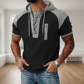  رجالي وافل هينلي قميص تي الأعلى كم قصير مع قبعة ربط الحذاء حتى الرقبة الصيف الربيع كل الفصول بقع موضة مصمم كاجوال مكعبات الألوان فضفاض مناسب للبس اليومي الأماكن المفتوحة أزرق فاتح أسود نبيذ