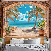cheap Ocean Beach Tapestry-Beach Landscape Window Tapestry Tropic Ocean Palm Tree Seaside Wall Backdrop Summer Mural for Living Room Bedroom Office Decor