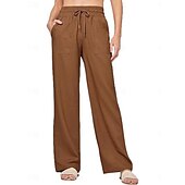 halpa Oleelliset keinotekoiset alaosat-Naisten Puuvillaiset pellavahousut Kiinalainen Kesähousut Suora Loma Perus Vapaa-aika Täyspitkä Korka vyötärö Yhtenäinen väri Tasku Elastinen vyötärönauha Mukava Pehmeä Elastinen ulko- Katu Sininen