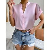  Dames Blouse Knop Effen Elegant Dagelijks Stijlvol Korte mouw V-hals Normale tops Dagelijks blauw Zwart Blozend Roze Oranje Groen Zomer Lente