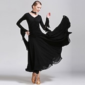 abordables Salón de Baile Estándar-Vestido de baile de salón rojo para mujer, cuello en V, cintura fruncida, manga larga, vestido de vals, traje de competición estándar moderno.