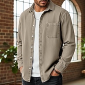 preiswerte Herrenhemd zum Knöpfen-Herren Hemd Freizeithemd Vintage-Shirt Knopfhemd Acid-Wash-Shirt Blau Schwarz Hellgrün Wein Marineblau Langarm Einfach Revers Lässig Streetwear Tasche Bekleidung Baumwolle Mode Retro Vintage Lässig
