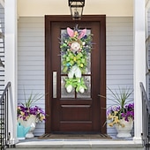 cheap Home Decor-2 Pack Large Easter Bunny Swag Wreath for Front Door, 24" Artificial Spring Bunny Hanger with Lavender Eggs &amp; Green Bows, Whimsical Farmhouse Easter Wall Porch Decor, Cute Outdoor Holiday Decoration