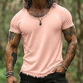 billige Bomull Lin T-skjorter-Herre T-skjorte T-skjorte i lin Kortermet Kort Erme Crew-hals Sommer عادي Mote Designer Grunnleggende Myk Rå Kant Avslappet Feriereise Gate Hvit Topp T-skjorte for menn