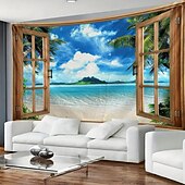 levne Nástěnné tapiserie-tropická pláž výhled z okna gobelín nástěnná dekorace 3D příroda krajina palmy oceán ostrov léto domácí dekorace velké látkové pozadí