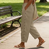 お買い得  ラグジュアリー ボトムス-女性用 コットン ズボン サマーパンツ ビーチパンツ 旅行度假风 ファッション カジュアル 普段着 足首丈 ハイウエスト 平織り 弾性ウエスト サイドボタン ライトウェイト 快適 高通気性 伸縮性なし ストリートウェア ビーチ 祝日 ブルー ブラック ホワイト カーキ色 夏 春 秋 レギュラー