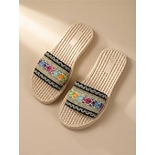 preiswerte Frauen-Bestickte, flache Damen-Sandalen im Boho-Stil mit gewebter Sohle – farbenfroher, tropischer Resort-Look, bequeme Sommerpantoletten zum Entspannen am Pool und für Inselurlaube