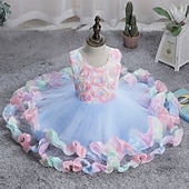 cheap Flower Girl's Dresses-Flower Girl Dress Girls' Formal Dress Wedding Attire Party Wedding Formal Elegant Fashion Adorable Mesh Floral Sleeveless Crew Neck Blue Pink 4 years+