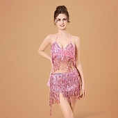 cheap Tops &amp; Sets-Samba Dancewear Purple Sequin Tassel Belly Dance Setl Performance Costume