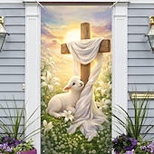 olcso Ünnepi faliszőnyegek-Húsvéti ajtótakaró báránykával a kereszten és liliomokkal, keresztény vallási dekoráció, tökéletes húsvétvasárnapra, tavaszi ünnepekre és szabadtéri ünnepségekre