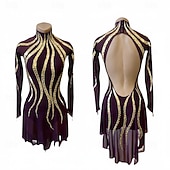 billiga Konståkningsklänningar-Figure Skating Dress Women's Ice Skating Dress Fuchsia Patchwork Open Back Stretchy Training Competition Skating Wear Classic Crystal / Rhinestone Long Sleeve Ice Skating Figure Skating