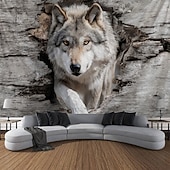 billige Veggoppheng-3D-ulveteppe veggteppe realistisk treulv som kommer ut av tre veggdekor stor stoffplakat til stue soverom mannehule