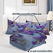 abordables Juegos de funda nórdica-Juego de funda nórdica con estampado de flores y mariposas de rosas moradas, juego de cama estilo hotel con 1 funda nórdica y 2 fundas de almohada, tela de felpa suave, no incluye edredón.
