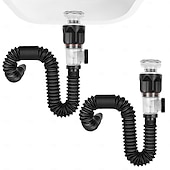 halpa Hanatarvikkeet-kylpyhuoneen lavuaarin viemärisarja joustavalla, laajennettavalla P-lukolla, pesualtaan viemäri sopii useimpiin viemärireikiin, sisäänrakennettu tukkeutumisenestoventtiili, hajuton kylpyhuoneen