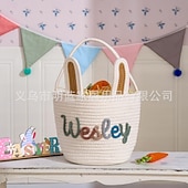 Недорогие Необычные игрушки-Корзинка в виде пасхального кролика, сделанная своими руками, пустая белая хлопковая веревочная сумка для поиска пасхальных яиц с ушками, многоразовое персонализированное подарочное ведерко для детей, малышей, девочек и мальчиков (пустое для самостоятельн