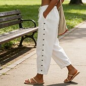 お買い得  ラグジュアリー ボトムス-女性用 コットン ズボン サマーパンツ ビーチパンツ 旅行度假风 ファッション カジュアル 普段着 足首丈 ハイウエスト 平織り 弾性ウエスト サイドボタン ライトウェイト 快適 高通気性 伸縮性なし ストリートウェア ビーチ 祝日 ブルー ブラック ホワイト カーキ色 夏 春 秋 レギュラー