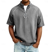 voordelige basis t-shirts-Heren Overhemd van 100% katoen met zure wassing T-shirt Korte mouw Opstaand Herfst winter Lente Herfst Effen Vintage Streetwear Casual Rits omhoog Kledingstuk geverfd Standaard Casual Huis Straat