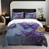 abordables Juegos de funda nórdica-Juego de funda nórdica con estampado de flores y mariposas de rosas moradas, juego de cama estilo hotel con 1 funda nórdica y 2 fundas de almohada, tela de felpa suave, no incluye edredón.