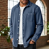 preiswerte Herrenhemd zum Knöpfen-Herren Hemd Freizeithemd Vintage-Shirt Knopfhemd Acid-Wash-Shirt Blau Schwarz Hellgrün Wein Marineblau Langarm Einfach Revers Lässig Streetwear Tasche Bekleidung Baumwolle Mode Retro Vintage Lässig