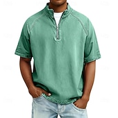 voordelige basis t-shirts-Heren Overhemd van 100% katoen met zure wassing T-shirt Korte mouw Opstaand Herfst winter Lente Herfst Effen Vintage Streetwear Casual Rits omhoog Kledingstuk geverfd Standaard Casual Huis Straat