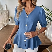 preiswerte Einfache Blusen-Damen Freizeithemd Knopfhemd Bluse Gerafft Tunika Knöpfe Einfarbig Einfach Elegant Täglich Stilvoll Kurzarm Puffärmel V Ausschnitt Normale Oberteile Ferien Strandbekleidung Urlaubskleidung Blau Kamel