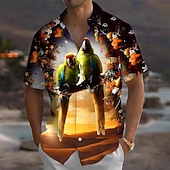 abordables Oiseaux &amp; Animaux-Homme Perroquet Plantes Tropicales Fleurs Chemise hawaïenne Chemise Boutonnée Chemise Aloha Manche Courte Hawaïen Vacances Été Printemps Col Rabattu Impression 3D chemises à col Une poche avant Bleu