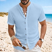 abordables Vacances-Homme Chemise Chemise en lin Chemise d'été Tenue de plage Chemise à col officier Chemise Boutonnée Uni Occasionnel Quotidien Noir Blanche Kaki Gris Manche Courte Col mandarin Été Vêtement Tenue