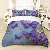 abordables Juegos de funda nórdica-Juego de funda nórdica con estampado de flores y mariposas de rosas moradas, juego de cama estilo hotel con 1 funda nórdica y 2 fundas de almohada, tela de felpa suave, no incluye edredón.