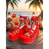 abordables Femmes-sandales à plateforme à lacets en corde orange pour femmes – talons compensés bohèmes pour la plage d'été et les festivals