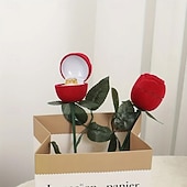 cheap Event &amp; Party Supplies-1PC Flocked Rose Ring Box Long Root Rose Creative Red Rose Flower Ring Display Box Proposal Engagement Anniversary Romantic Gift Box Wedding Jewelry Display Storage