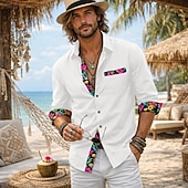 voordelige Vakantie-herenoverhemd linnen overhemd zomeroverhemd strandkleding overhemd met knoopsluiting bloemenprint casual dagelijks boho zwart wit roze grijs lange mouwen revers zomer lente &amp;herfstkleding kledingstuk
