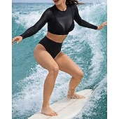preiswerte Surfen Tankinis &amp; Bikinis-Damen Bikini-Sets Bikini mit hohem Bund Einfarbig Netz UV Schutz Elastisch Langarm Bademode Badeanzug Surfen Tauchen Schwimmen Sommer