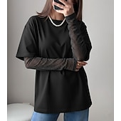 halpa Yksinkertainen t-paita-Naisten 100 % puuvillaverkkopaita tilkkutyö pitsi tilkkutyö feikki kaksiosainen yhdenvärinen tyylikäs rento pitkähihaisella pyöreällä kaula-aukolla säännölliset paidat päivittäinen ulkona musta khaki