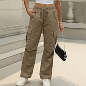 preiswerte Cargohose für Damen-Damen Cargo-Hosen Hose Freizeithose Urlaub Mode Alltagstauglich Volle Länge Hohe Taille Einfarbig Einfach Kordelzug Tasche Weites Bein Komfort Schnelltrocknend Weich Unelastisch Outdoor Streetwear