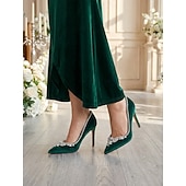 tanie Gość weselny-Damskie szmaragdowo-zielone aksamitne szpilki z kryształkami, eleganckie buty z noskiem w szpic na wesele, ceremonię kościelną