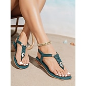 economico Donne-sandali infradito bohémien color verde acqua da donna - eleganti sandali bassi con cinturini intrecciati e dettagli gioiello, comode scarpe estive da spiaggia per vacanze tropicali &amp;fughe sull'isola