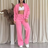 voordelige Dames trainingspakken-Dames Trainingspak Broeken Sets Bolero Top Lange mouw Overhemdkraag Effen Vetoketju Modieus Streetwear Casual Dagelijks Buiten blauw Blozend Roze Donker Roze Lente Normale pasvorm