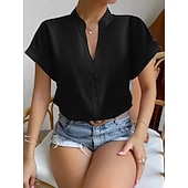  Dames Blouse Knop Effen Elegant Dagelijks Stijlvol Korte mouw V-hals Normale tops Dagelijks blauw Zwart Blozend Roze Oranje Groen Zomer Lente