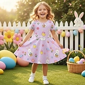 זול תלבושות פסח עבור בנות-פסחא בנות ' תלת מימד גראפי שפן אַרנֶבֶת שמלה שרוולים קצרים הדפסת תלת מימד קיץ אביב יומי חופשה מפלגה סגנון חמוד בסיסי יום יומי ילדים 4-12 שנים שמלת קז'ואל שמלה עם כיווץ במותן עד הברך רגיל