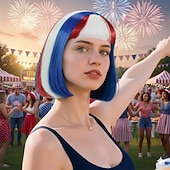  Sininen punainen valkoinen peruukki poninhäntällä naisille ja tytöille 4. heinäkuuta lyhyet bob-peruukit Neljännen heinäkuun juhlapuruukki kuumuudenkestävä synteettinen peruukki