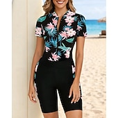 billiga One Pieces Rash Guards-Dam Rash-guards Baddräkt Baddräkter Tropisk Mittlårsben UV-skydd Snabb tork Elastisk Kortärmad Badkläder Baddräkt Surfing Strand Simmning Sommar