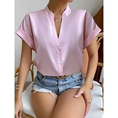  Dames Blouse Knop Effen Elegant Dagelijks Stijlvol Korte mouw V-hals Normale tops Dagelijks blauw Zwart Blozend Roze Oranje Groen Zomer Lente