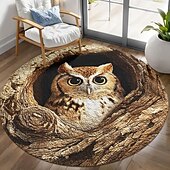 economico Tappeti-Tappeto rotondo con illusione ottica 3D, gufo nella cavità di un albero, stampa piatta 2D, tappeto decorativo accogliente e stravagante