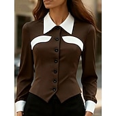 Недорогие Нарядные блузки-Жен. Блуза Пэчворк Пуговицы Контрастных цветов Элегантный стиль Стиль Классика Длинный рукав Рубашечный воротник Обычные топы Повседневные Офис Черный Белый Коричневый Хаки Весна Осень