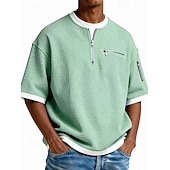 Недорогие Вафельная трикотажная футболка-Мужчины Футболка с вафельным рисунком Футболка С короткими рукавами Хенли Лето Весна Весна лето Сплошной цвет Мода Оригинальный рисунок На каждый день Многослойный поддельные две части