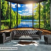 abordables Tapices de pared-Tapiz de lago con vista de ventana en 3D, paisaje natural y forestal, colgante de pared, mural de paisaje de ventana falsa para sala de estar, sala de yoga, espacio de meditación