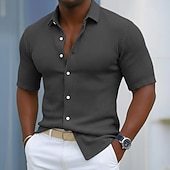  Voor heren Overhemd Wafel Shirt Textuur Normaal shirt Overhemd met knopen Zwart Marineblauw Hemelsblauw Groen Grijs Korte mouw Effen Revers Casual Dagelijks Kleding Modieus Modern Casual Comfortabel