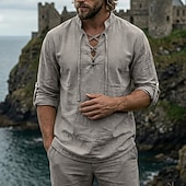 abordables Vacances-Homme Chemise Chemise en lin Style Viking Chemise popover Chemise d'été Chemise à col officier Uni Occasionnel Vacances Noir Blanche Vert Kaki manche longue Col en V Été Printemps Vêtement Tenue