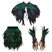 voordelige Accessoires-Carnaval 2026 Rio Carnaval Samba Accessoires 3-delig Vrouwen Veer Kostuum Set Gotische Veer Cape Sjaal Mini Rok  Lange Kant Polsmanchetten Brazilië Festival Performance Kostuum